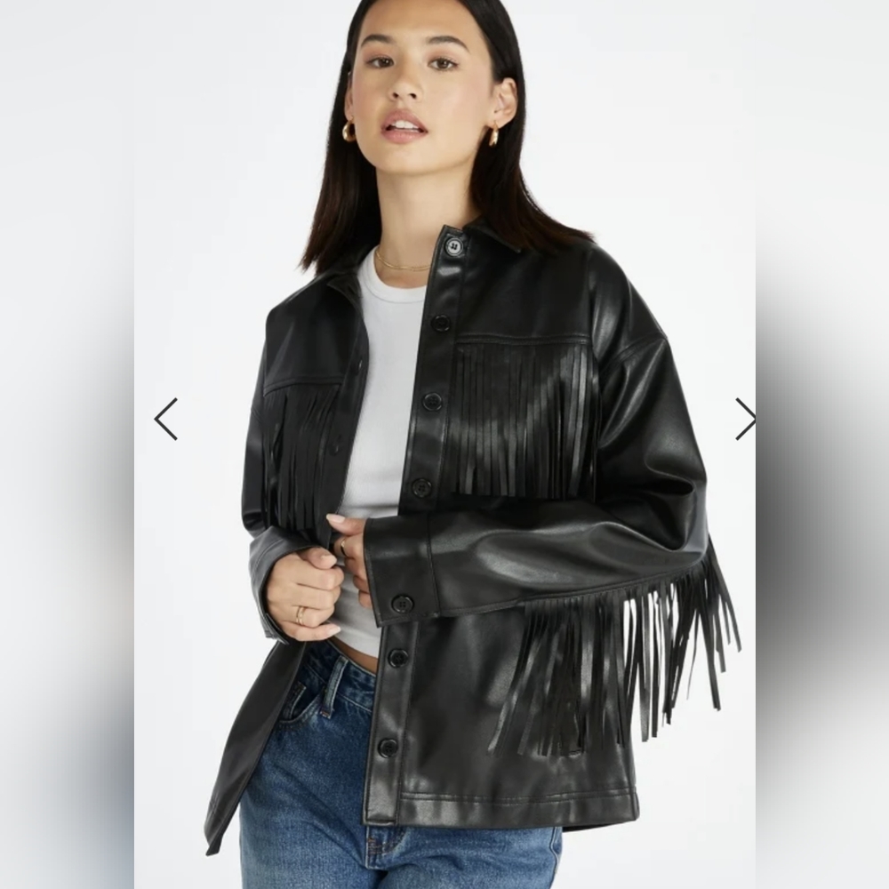 JustFab Faux Leather Fringe Jacket. Black. XS